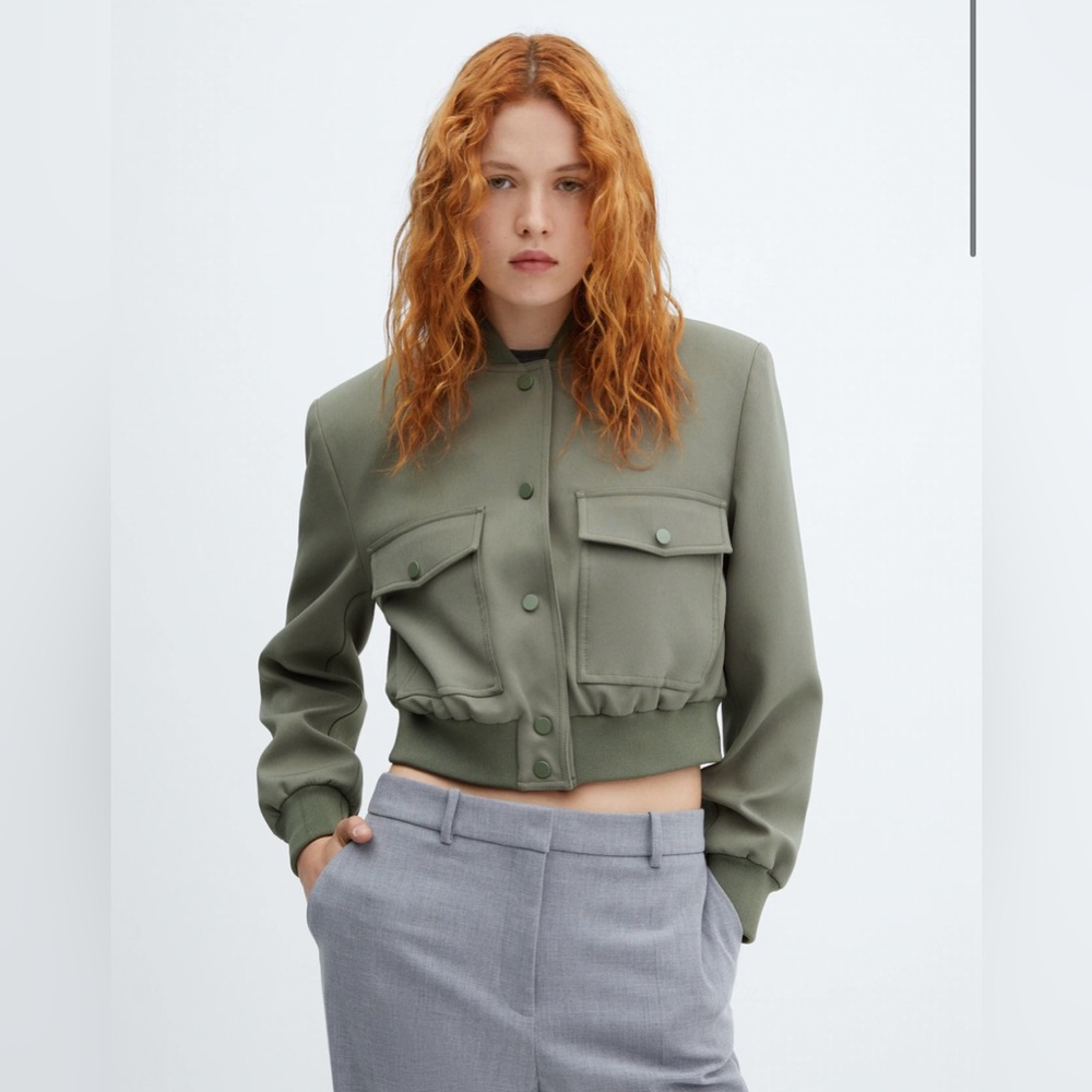 Mango Women's Bomber Jacket with Shoulder Pads, Khaki, Size S